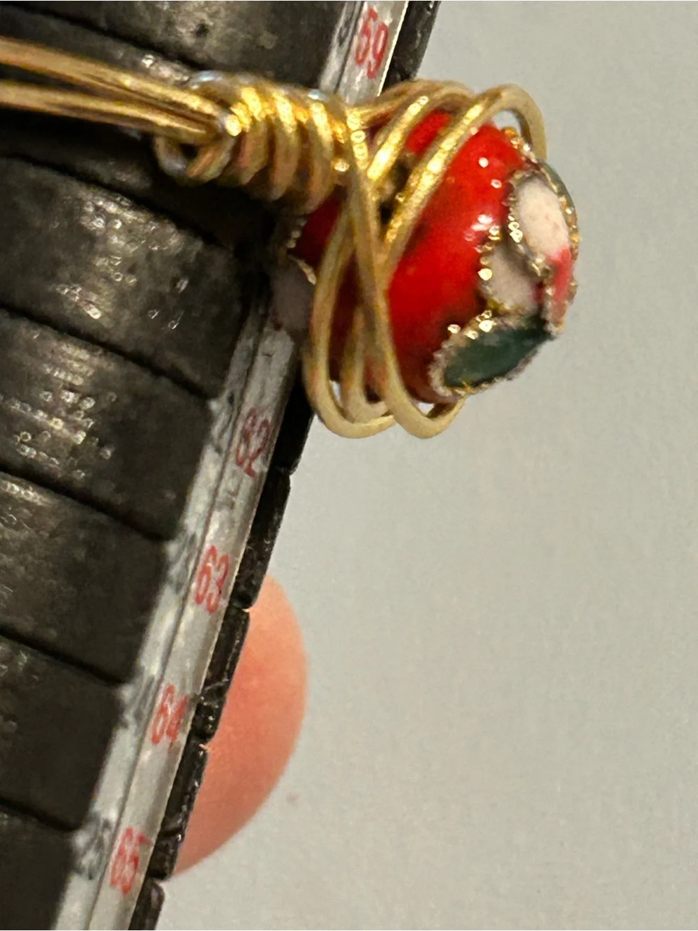 Gold-Tone Wire Ring  with cloisonné Red, Green & White Bead Accent size 9.5